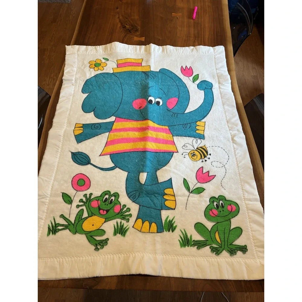 Vintage MCM Acrylic Blanket Kids Or Wall Art Retro SATIN Elephant